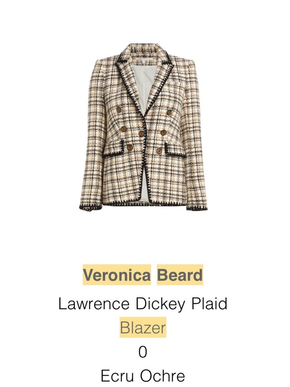 Veronica Beard Ecru and Ochre Plaid Double-Breasted Blazer